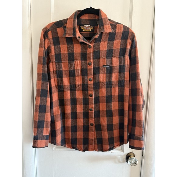 Harley Davidson Women's Size Small Snap Front Flannel Shirt‎ Black Orange Check - Picture 1 of 6